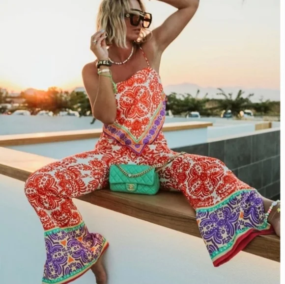 Zara * satin red printed wide leg pants Size XS - Picture 10 of 13